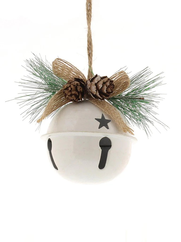 7CM METAL WHITE BELL WITH PINECONES AND FOILAGE