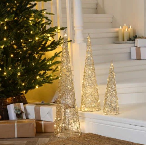 SET OF 3 BO LIT GOLD SHIMMER CONES TREES